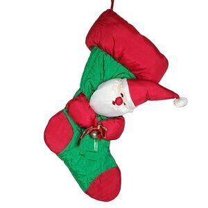 Vintage Puffy Nylon Santa Christmas Stocking Quilted Holiday Metal Bell 16"